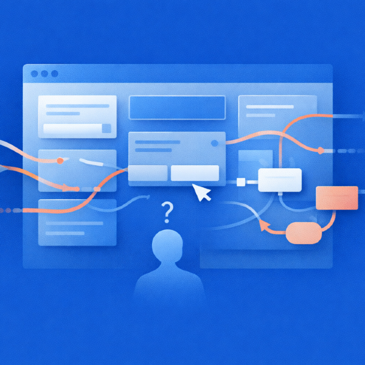 Illustration of a digital interface with connected user flows, UI elements, and a highlighted interaction point, representing QA testing based on real user behavior.