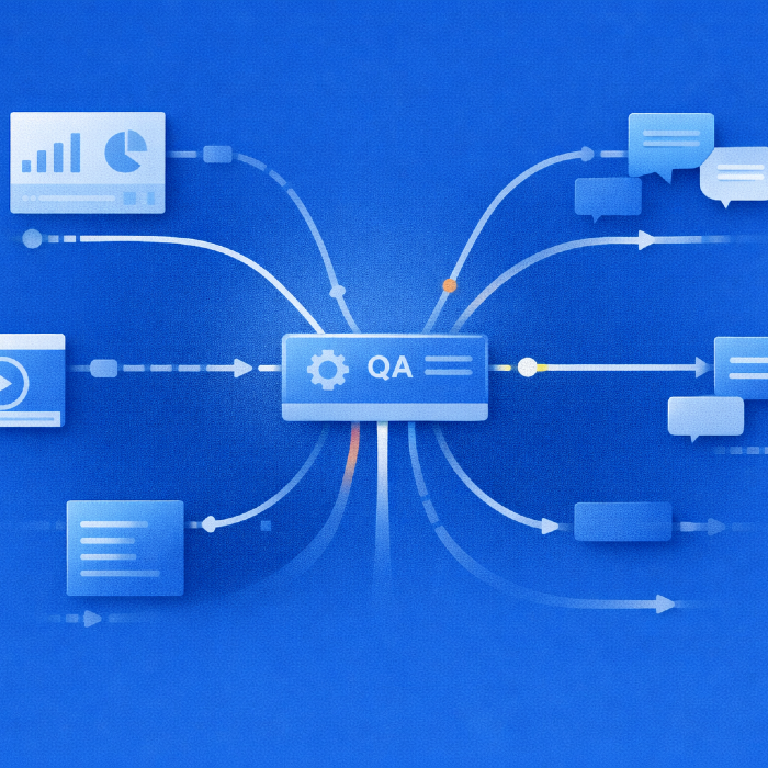 Illustration of a central product interface connected to multiple user interactions, content blocks, analytics, and communication flows, representing QA based on real user behavior.