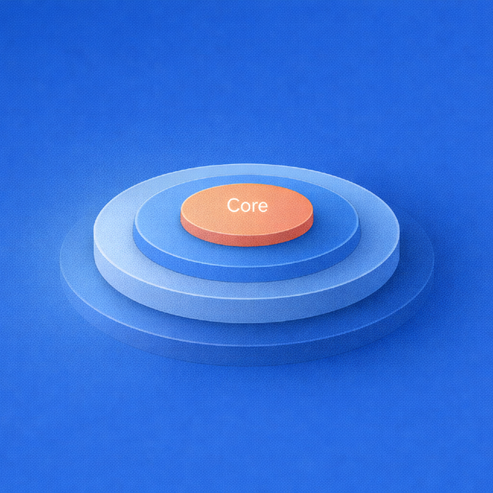 Abstract illustration of a layered circular structure with a highlighted core at the center, representing the core user journey or core behaviors in behavior-led QA.