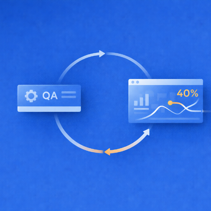 Illustration of a QA interface connected in a feedback loop with an analytics dashboard, representing continuous testing informed by real user behavior and product data.