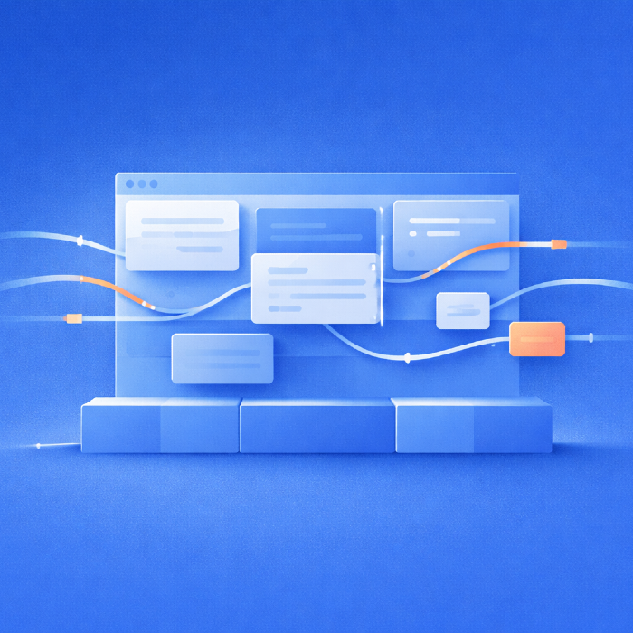 Illustration of a digital interface with connected user flow lines moving across multiple UI elements, representing testing based on real user behavior.