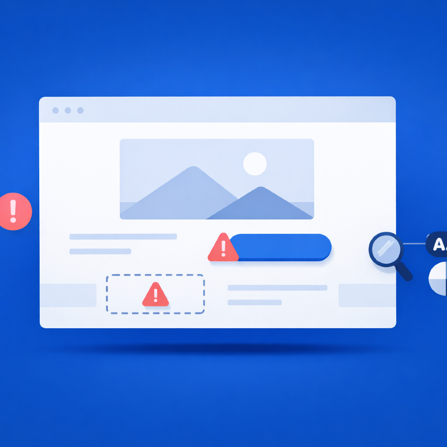 Illustration of a web page being inspected for accessibility issues, with warning icons, zoom tools, and interface controls representing practical accessibility testing with Pa11y and axe-core.