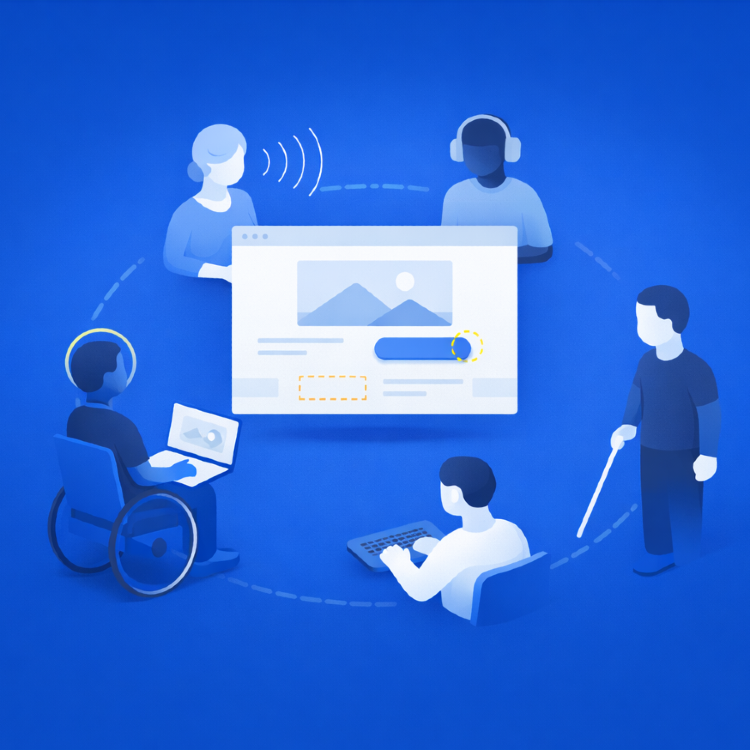 Illustration of people with different access needs interacting around a web interface, representing inclusive accessibility testing and evaluation in practice.