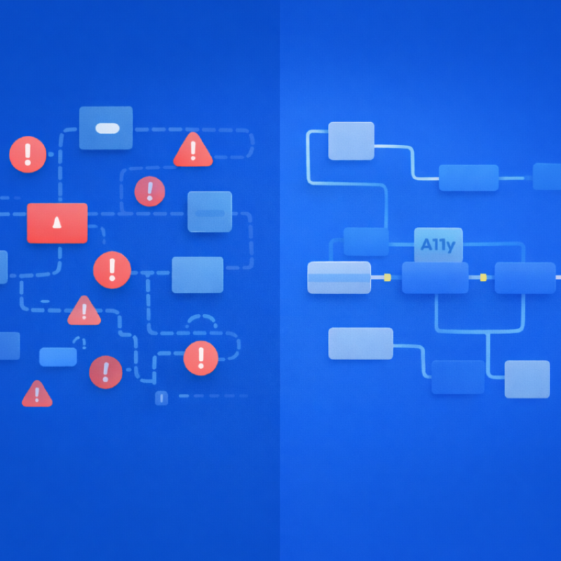 Illustration of an accessibility testing workflow where multiple issues are identified, filtered, and resolved through an automated Pa11y process, ending with a successful validation check.