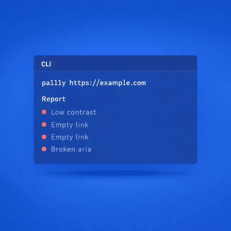 Illustration of a Pa11y CLI report showing detected accessibility issues such as low contrast, empty links, and broken ARIA on a website.