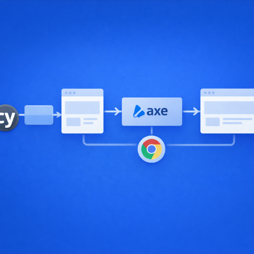 Illustration of an automated accessibility testing flow where Cypress runs browser-based checks with axe-core in Chrome across web page states.
