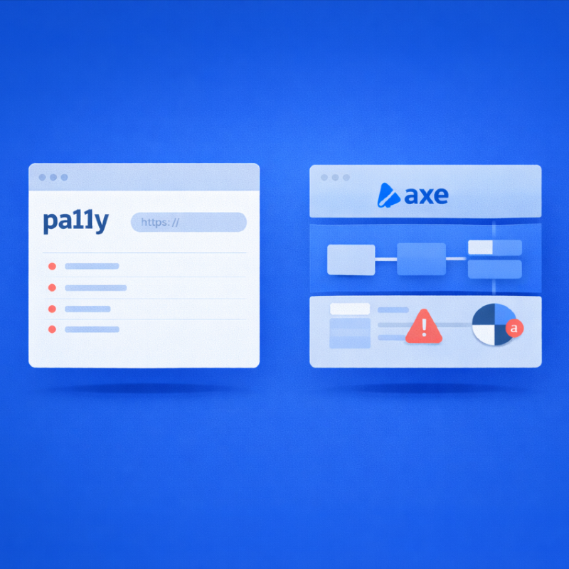 Illustration comparing Pa11y and axe-core interfaces, showing automated accessibility checks and issue detection across a web page.