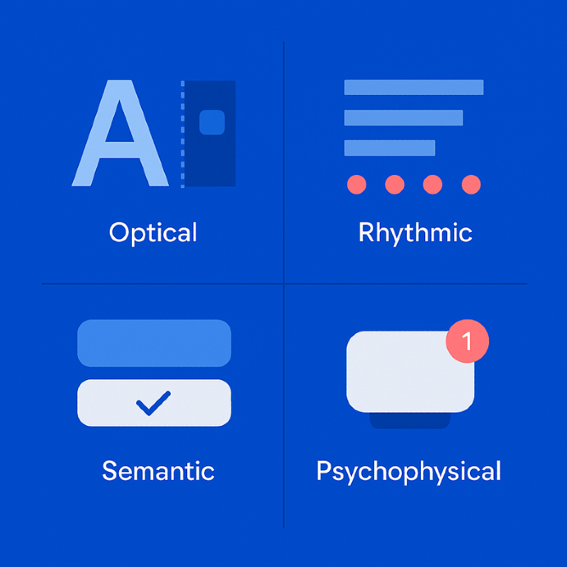 Illustration of four categories of subtle UX trust signals: optical, rhythmic, semantic, and psychophysical, showing different ways interface details influence user perception.