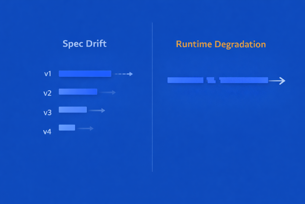 Side-by-side diagram showing two sources of motion quality loss: spec drift on the left and runtime degradation on the right. The image contrasts gradual changes across motion versions with broken or unstable playback at runtime, highlighting how both can pull an interaction away from its intended behavior.