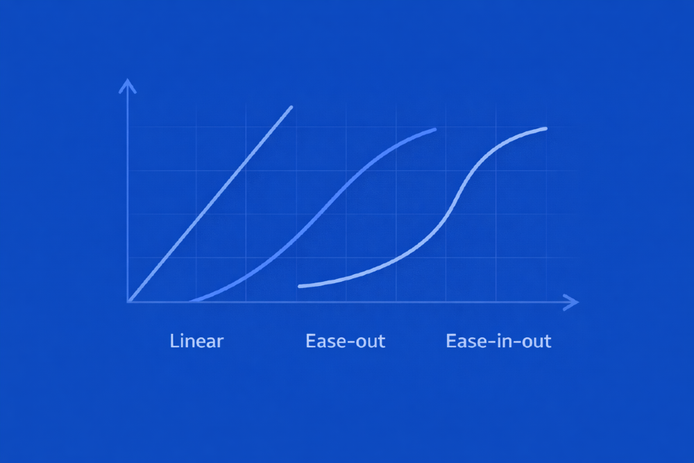 Diagram comparing three motion easing curves: linear, ease-out, and ease-in-out. The image shows how each curve changes acceleration and deceleration, affecting the perceived character and smoothness of motion.