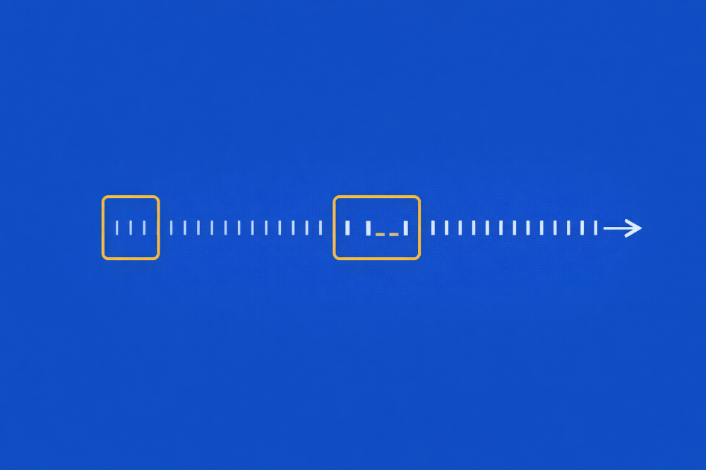 Diagram showing a motion timeline with evenly spaced beats interrupted by two highlighted irregular segments. The image illustrates how small rhythm breaks or uneven frame pacing can disrupt the perceived smoothness and consistency of motion.