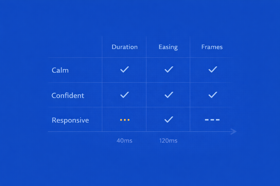 Table-like diagram comparing motion parameters such as duration, easing, and frames across emotional targets including calm, confident, and responsive. The image shows that different combinations of motion settings shape different interaction qualities rather than producing the same emotional result.