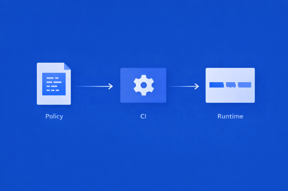 Flow diagram showing a motion policy moving through CI into the runtime environment. The image illustrates how motion rules can be defined, validated in the pipeline, and carried into the final product behavior.