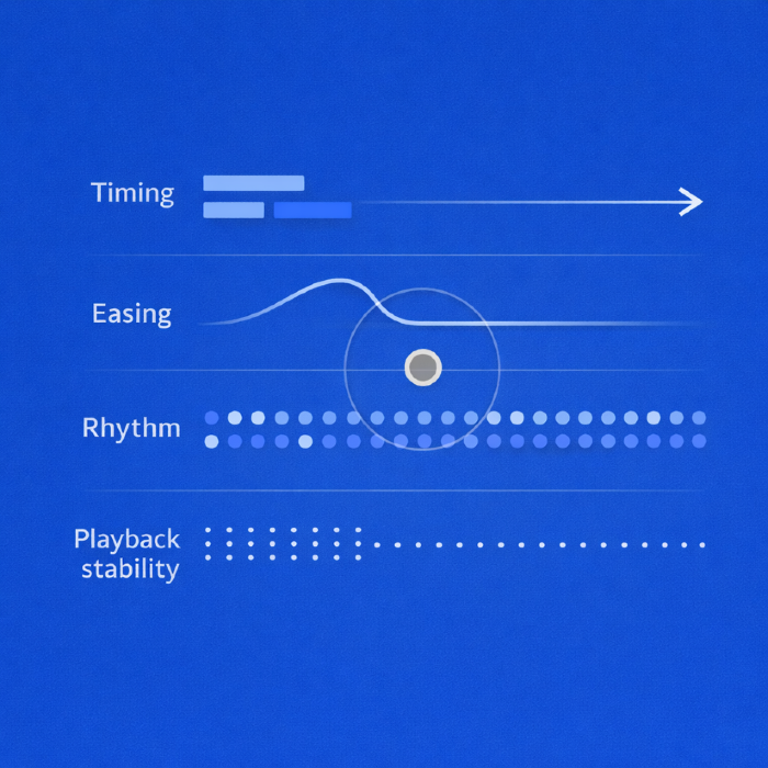 Diagram showing timing, easing, rhythm, and playback stability as overlapping motion signals rather than isolated variables. The highlighted focal areas suggest that perceived motion quality emerges from how these factors interact together during playback.