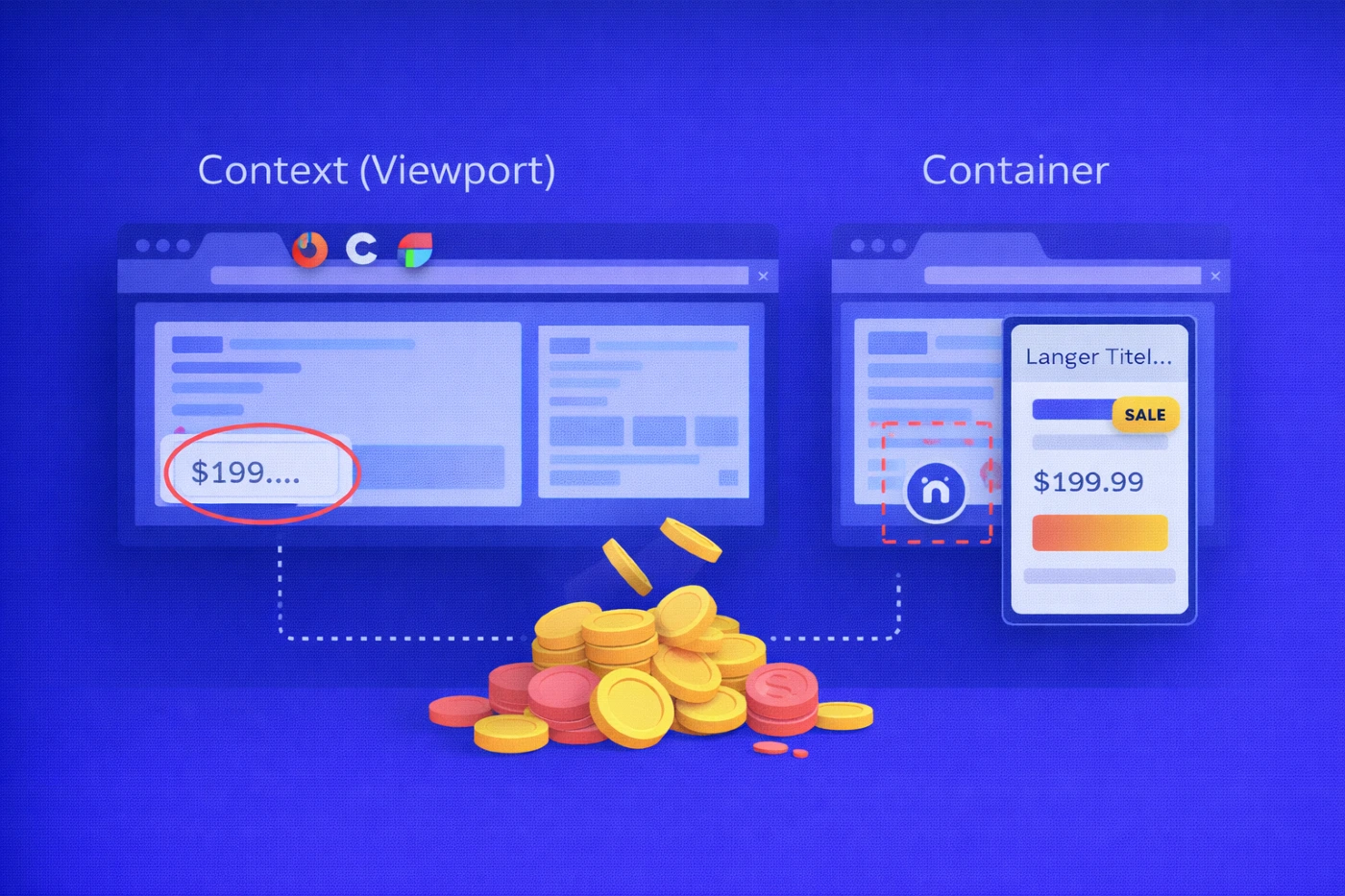Blue split-screen illustration showing a wide viewport on the left and a narrow container on the right. The left side highlights a cropped product price, while the right side shows a constrained product card layout. Coins below suggest revenue loss caused by layout issues in tight containers