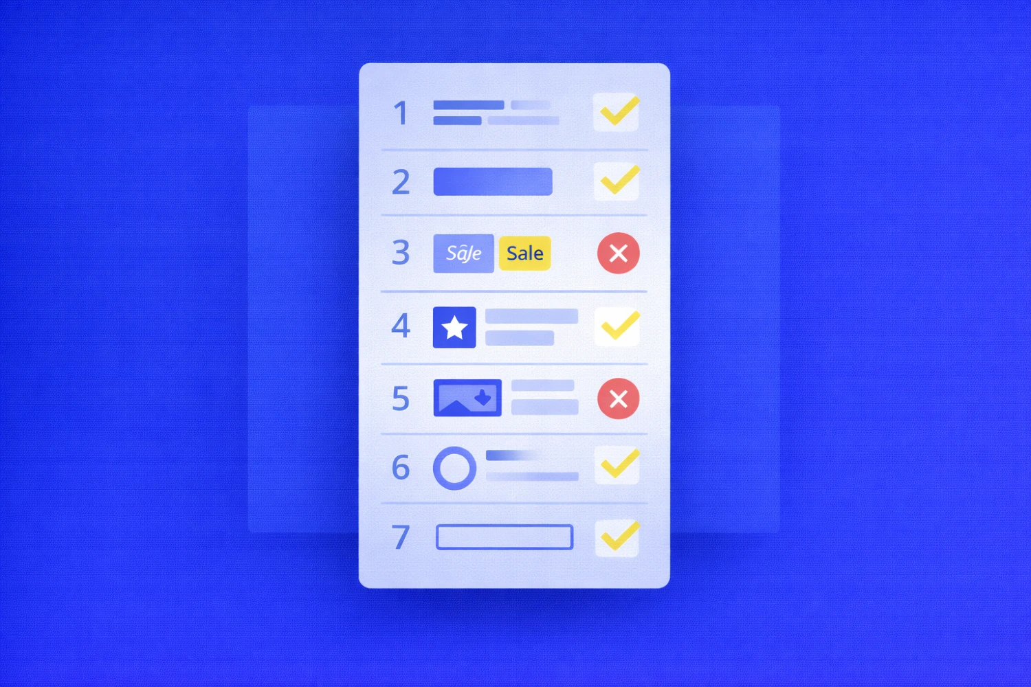 Minimal blue illustration of a QA checklist card with seven interface checks. Some rows are marked as passed with yellow checkmarks, while others are flagged with red error icons. The image represents structured component review and quick detection of UI issues.