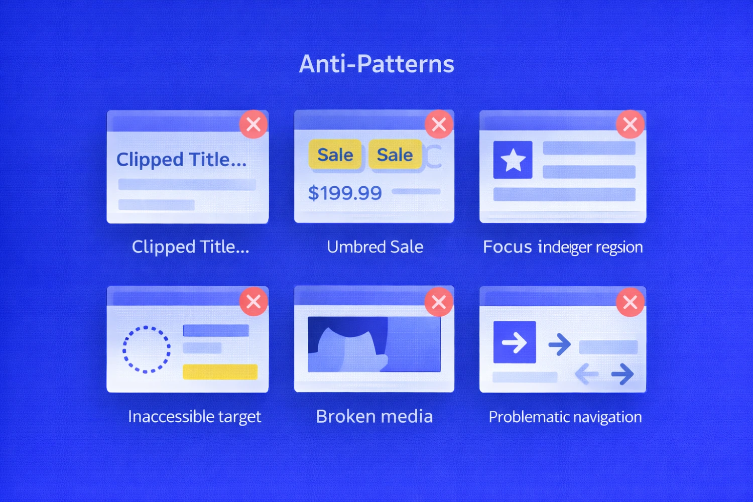 Blue grid illustration showing several broken interface patterns across multiple cards. The examples include clipped titles, overlapping sale badges, broken media, inaccessible targets, and confusing navigation. Each card is marked with a red error icon to signal a failed UI pattern.