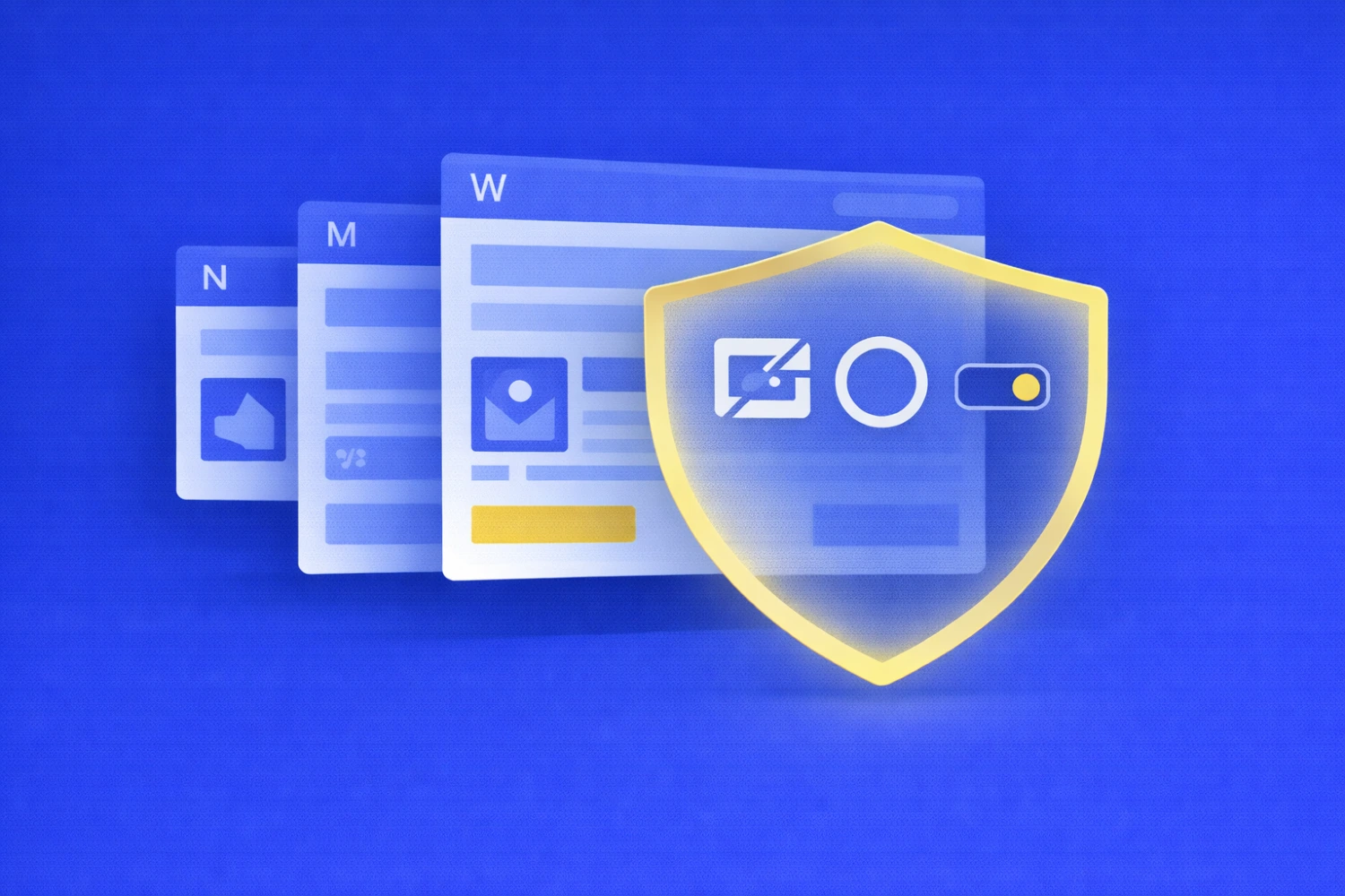 Blue illustration showing interface cards in narrow, medium, and wide container states behind a large shield. The shield suggests coverage across different layouts, components, and interaction states. The image represents resilient QA for adaptive UI across multiple contexts.