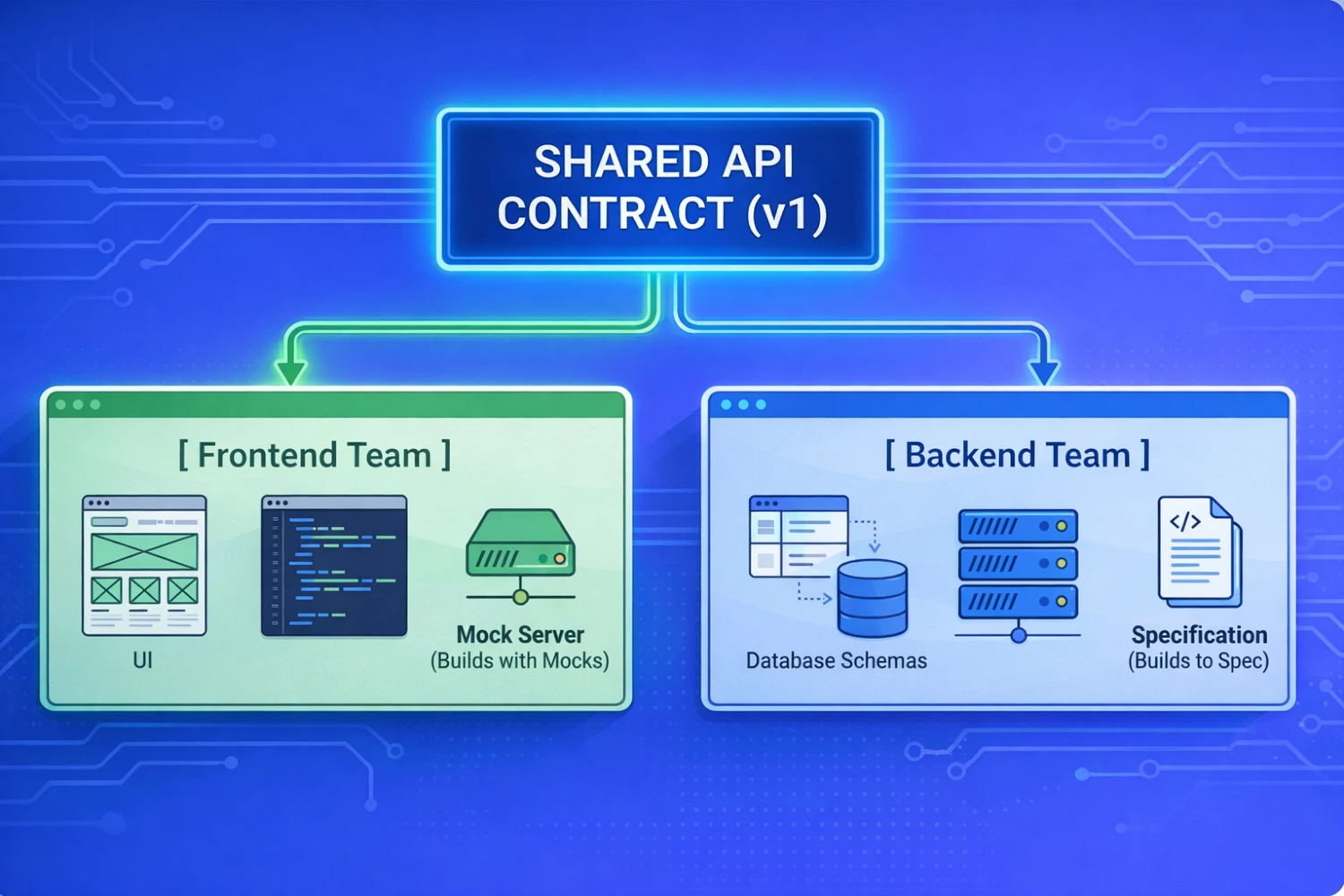 Blue architecture diagram showing a shared API contract connecting frontend and backend teams. The frontend side includes UI and a mock server, while the backend side includes database schemas and a specification. The image illustrates both teams working from one agreed contract.