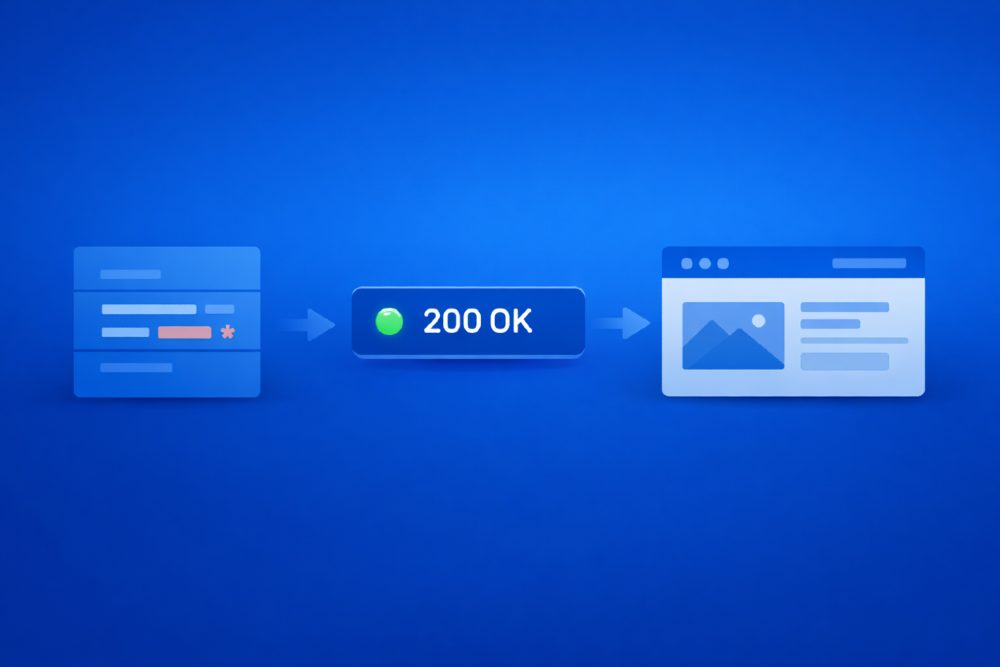 Blue flow illustration showing data moving from a response payload on the left to a browser UI card on the right. A centered status badge marked “200 OK” represents a successful API response between backend output and frontend rendering.