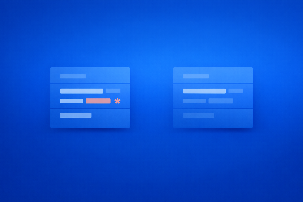 Blue comparison illustration showing two similar data panels side by side. The left panel includes a highlighted changed field, while the right panel shows a different structure without emphasis. The image represents silent schema drift between two API states.