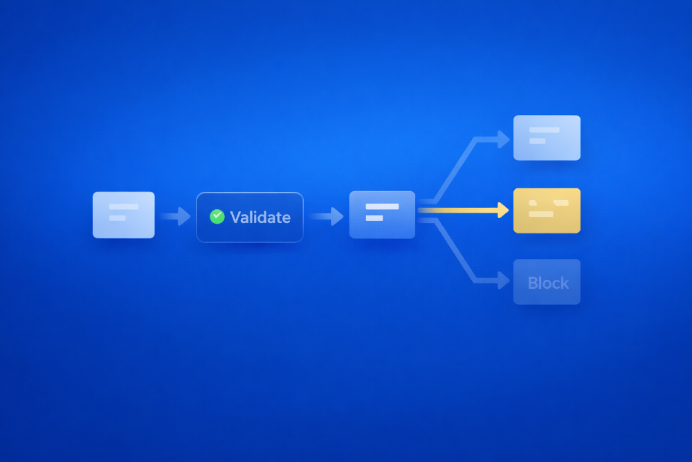 Blue flow diagram showing a payload moving through a validation step and splitting into different outcomes. The highlighted yellow path marks the accepted route, while other branches stay muted, including a blocked option.