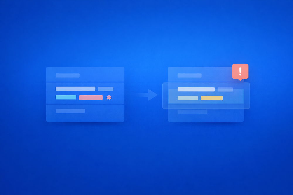 Blue comparison illustration showing a response structure changing from one state to another. A highlighted field shifts position and an alert icon appears on the updated panel, signaling a breaking API change that can affect the UI.