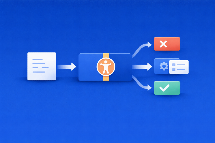Blue flow diagram showing a document entering an accessibility checkpoint and splitting into outcomes. After the central gate, one path is rejected, one continues through fixes and checks, and one is approved. The image represents accessibility as a release decision point in the workflow.