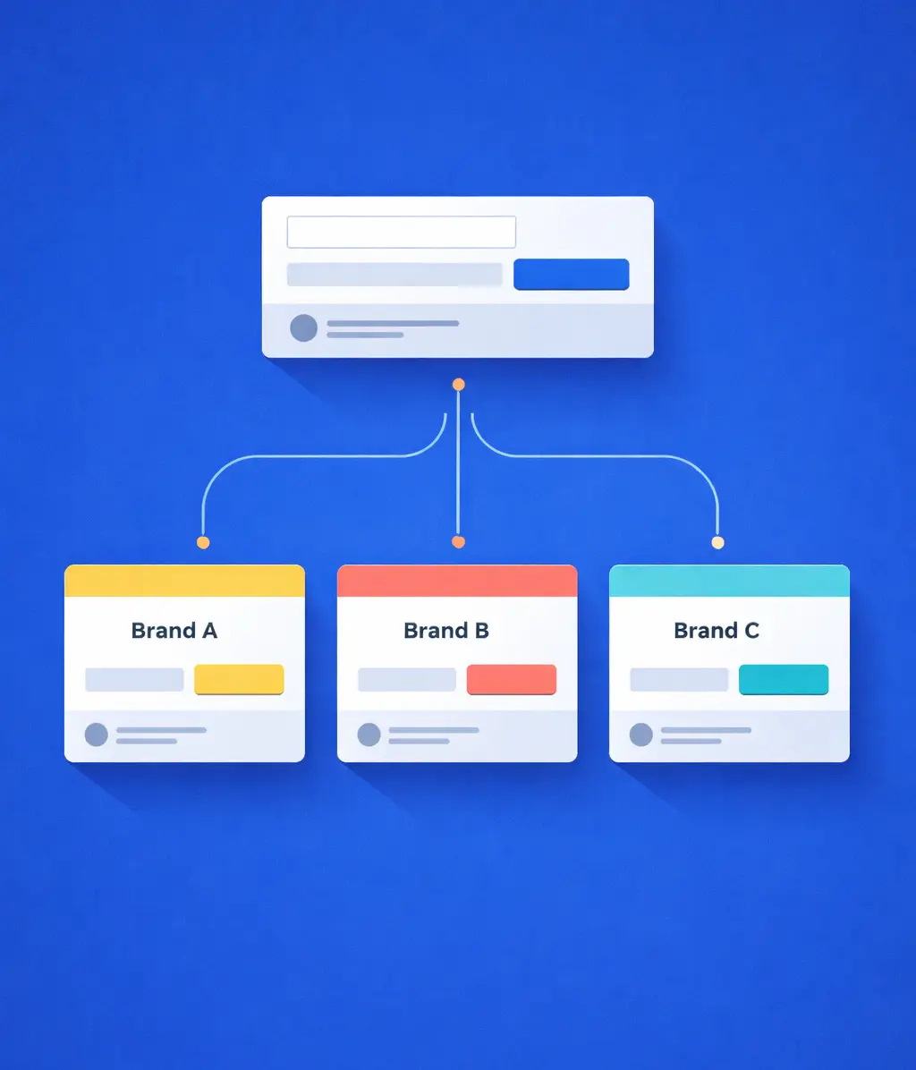 Blue diagram showing one parent UI card splitting into three branded variants below. Each branch leads to a different card style, illustrating how one component can fork into multiple brand-specific versions.