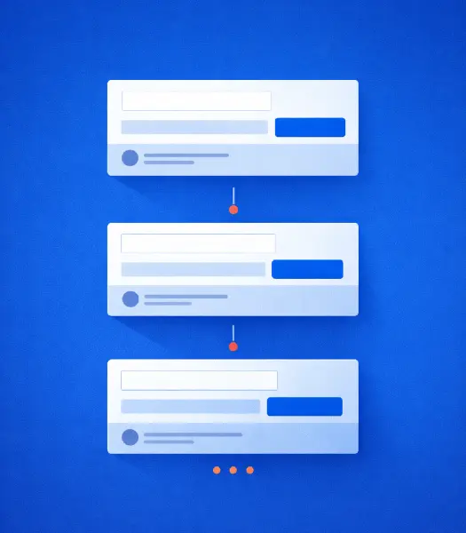 Vertical blue illustration showing three stacked interface cards connected by focus markers. Orange dots indicate the navigation path between elements, emphasizing reading order and keyboard flow across repeated components.