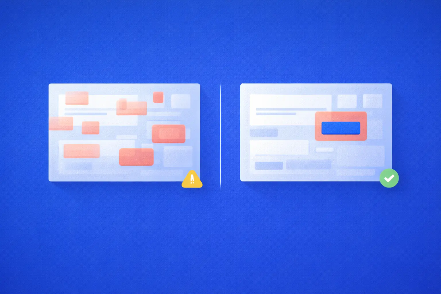 Split blue comparison showing a cluttered interface on the left and a cleaner, stable layout on the right. Multiple red highlight blocks and a warning icon mark noisy visual differences, while the right side isolates one valid change with a green check.