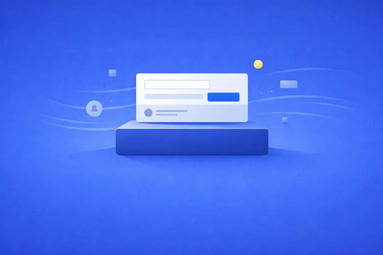 Blue editorial illustration showing a single UI card placed on a raised platform in the center. Soft motion lines and floating interface accents around it emphasize the component as a highlighted hero element.