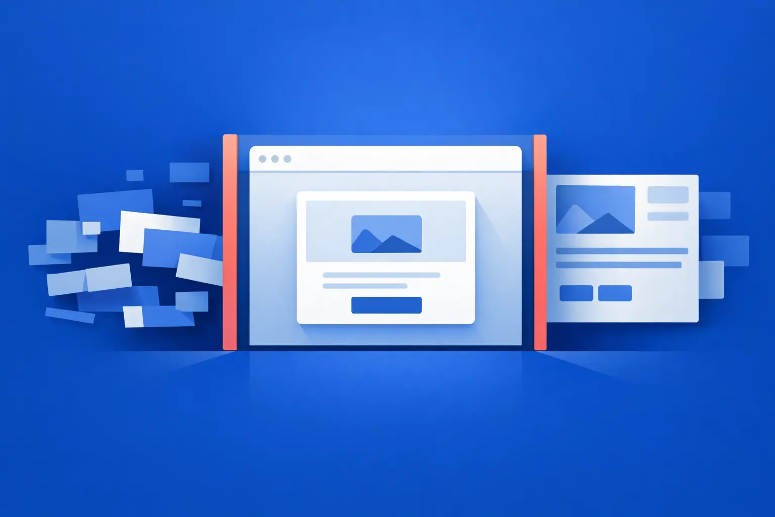 Blue illustration showing a UI card centered inside a constrained viewport frame. Side content is partially cut off outside the red boundaries, highlighting how the viewport can crop and hide surrounding layout context.