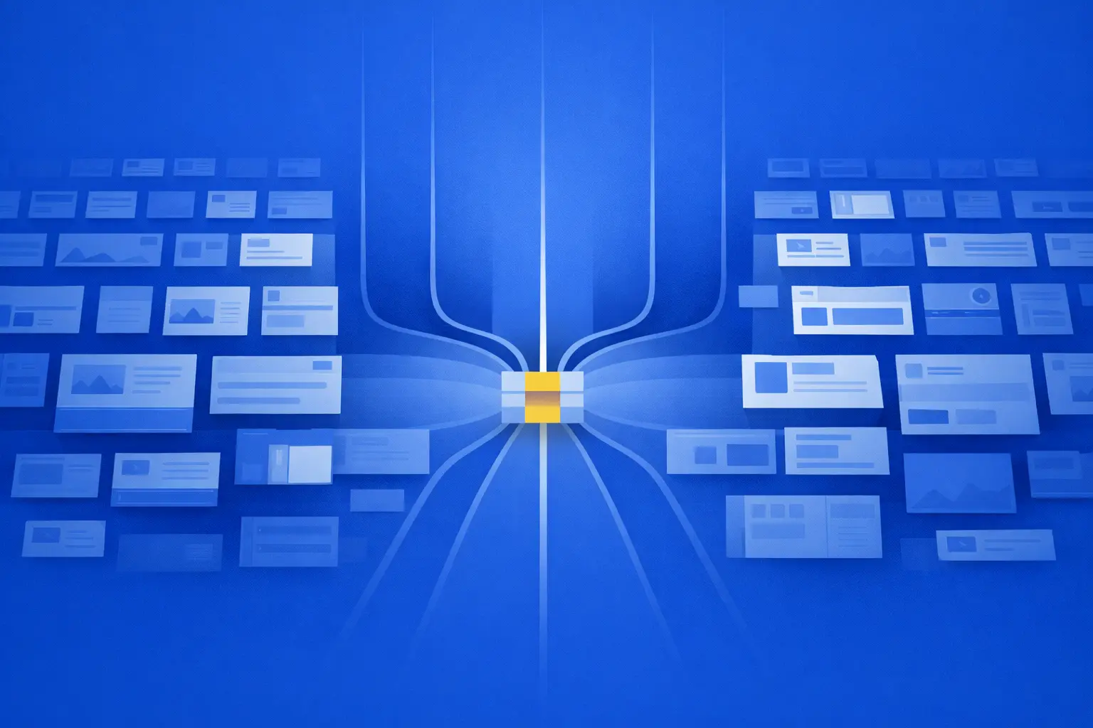 Blue diagram showing many interface variants on both sides converging toward one highlighted component in the center. Curved lines guide multiple layout contexts into a single focal point, emphasizing how many UI states collapse into one shared component view.
