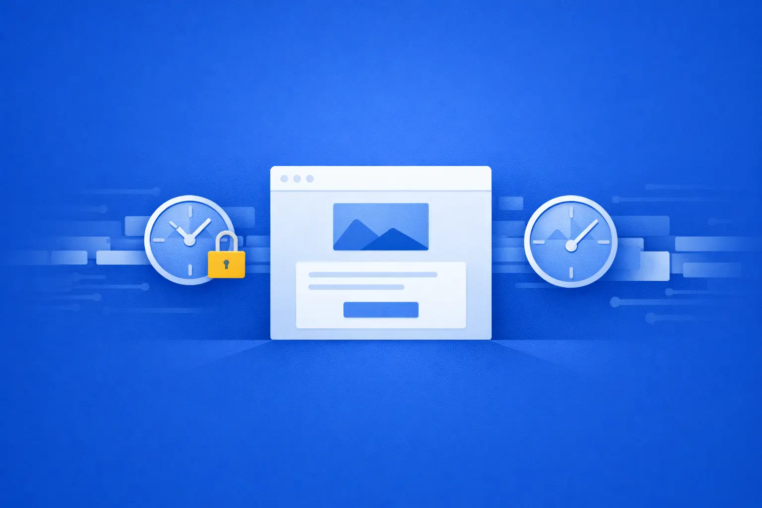 Blue illustration showing a central UI card framed by two clock icons, one with a lock. The image suggests controlled timing and stable scheduling around a rendered component, highlighting time-sensitive validation in UI testing.