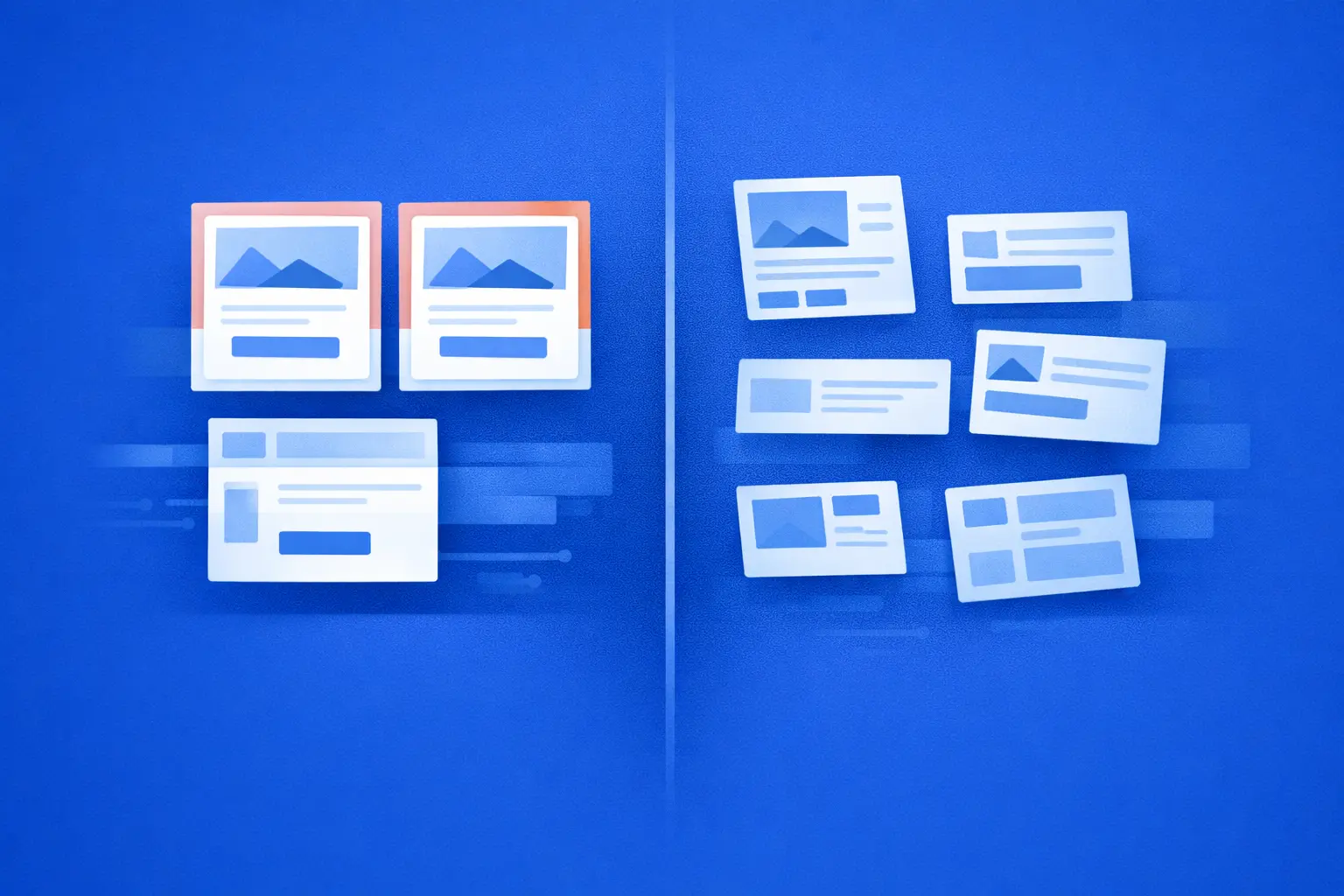 Split blue comparison showing isolated highlighted cards on the left and a broader set of mixed layout variants on the right. The image contrasts focused component cases with a larger pool of shared UI variations across the system.