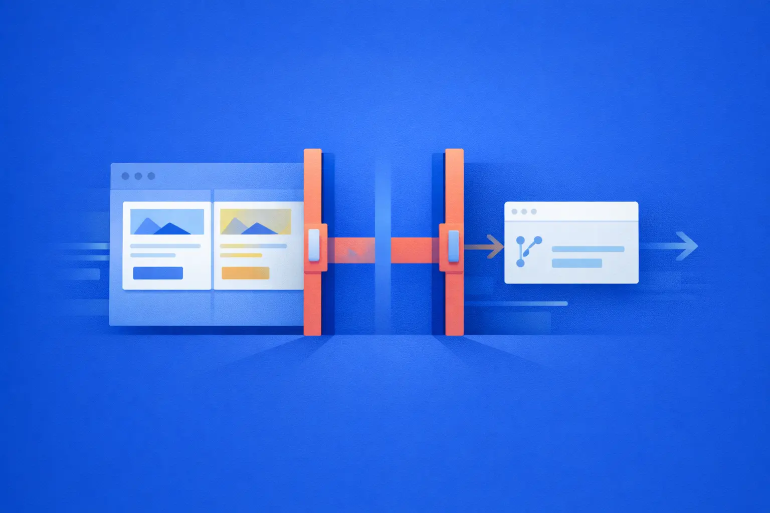 Blue workflow illustration showing UI layouts passing through a central release gate into a deployment card. The red gate acts as a checkpoint between prepared interface states and the next delivery step in the pipeline.