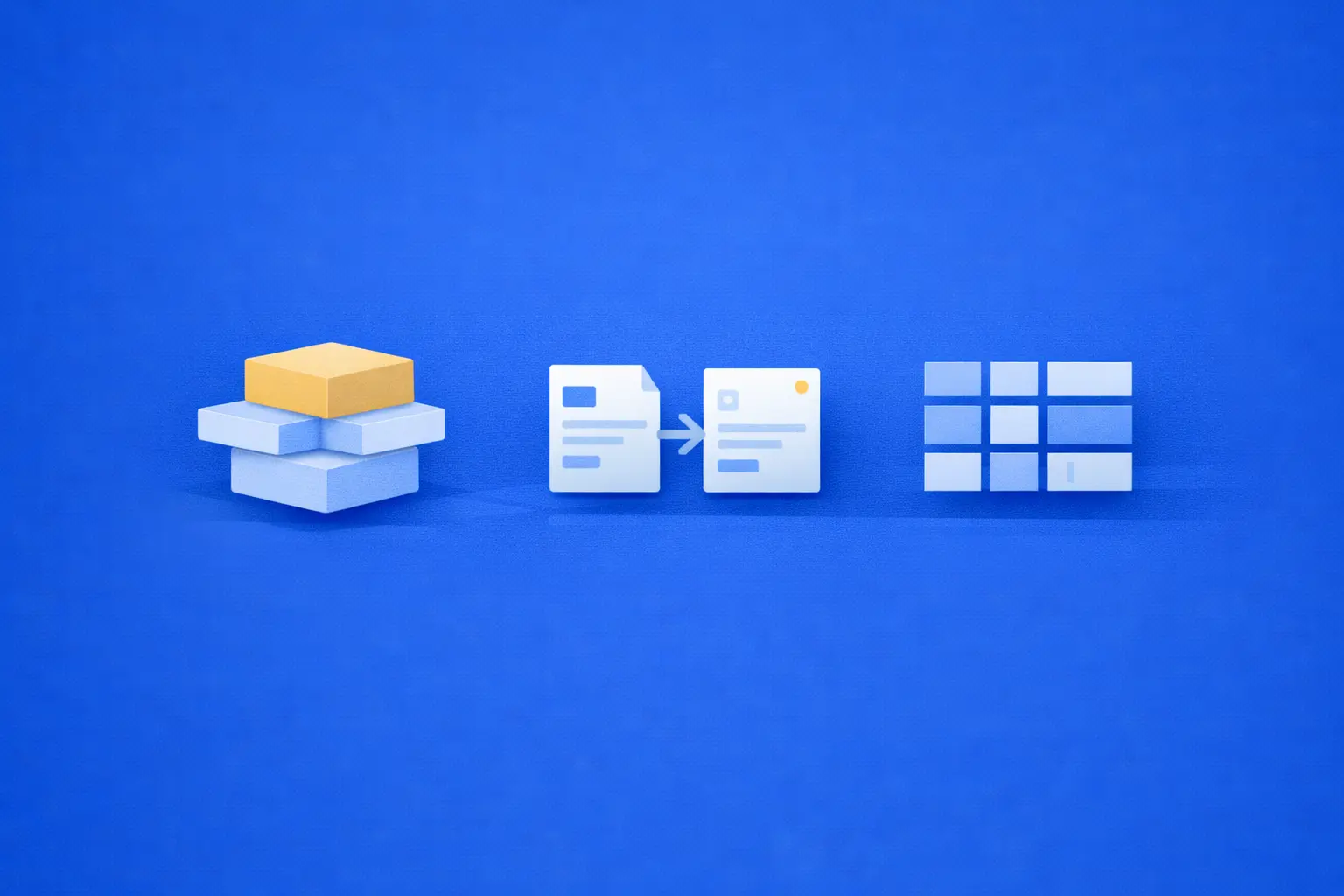 Blue illustration showing a design flow from a stacked component package to UI cards and then to a structured grid. The image suggests how reusable component assets evolve into organized interface patterns across a larger system.