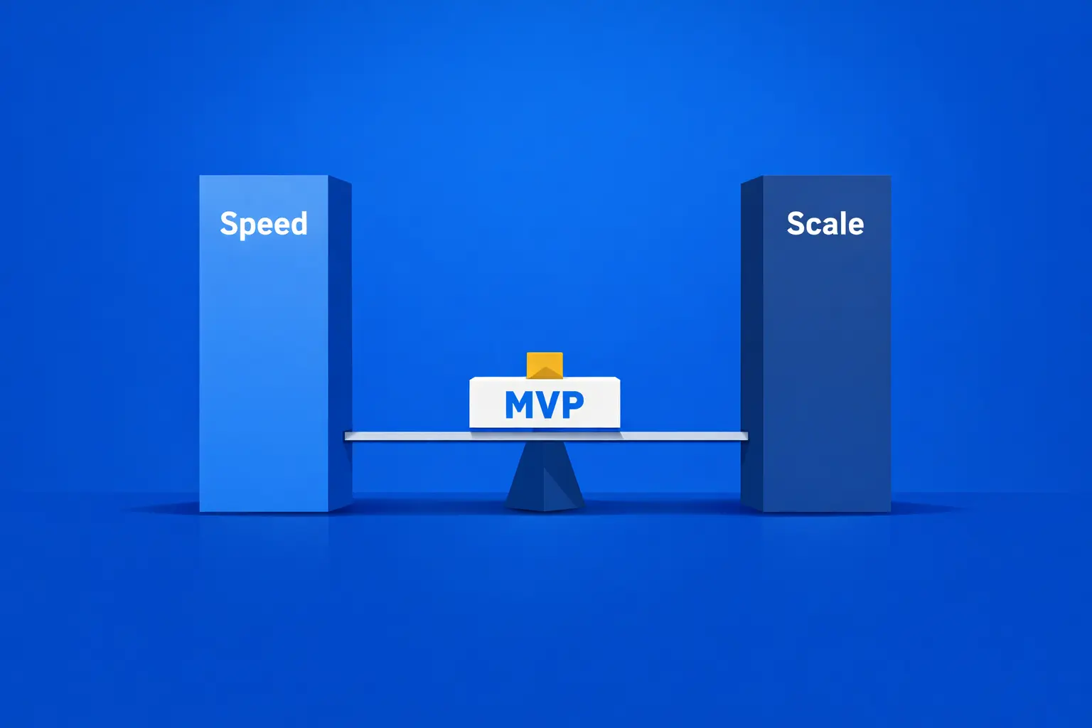 Blue illustration showing an MVP balanced on a seesaw between speed and scale. The image represents a product or process positioned between fast delivery and long-term scalability.