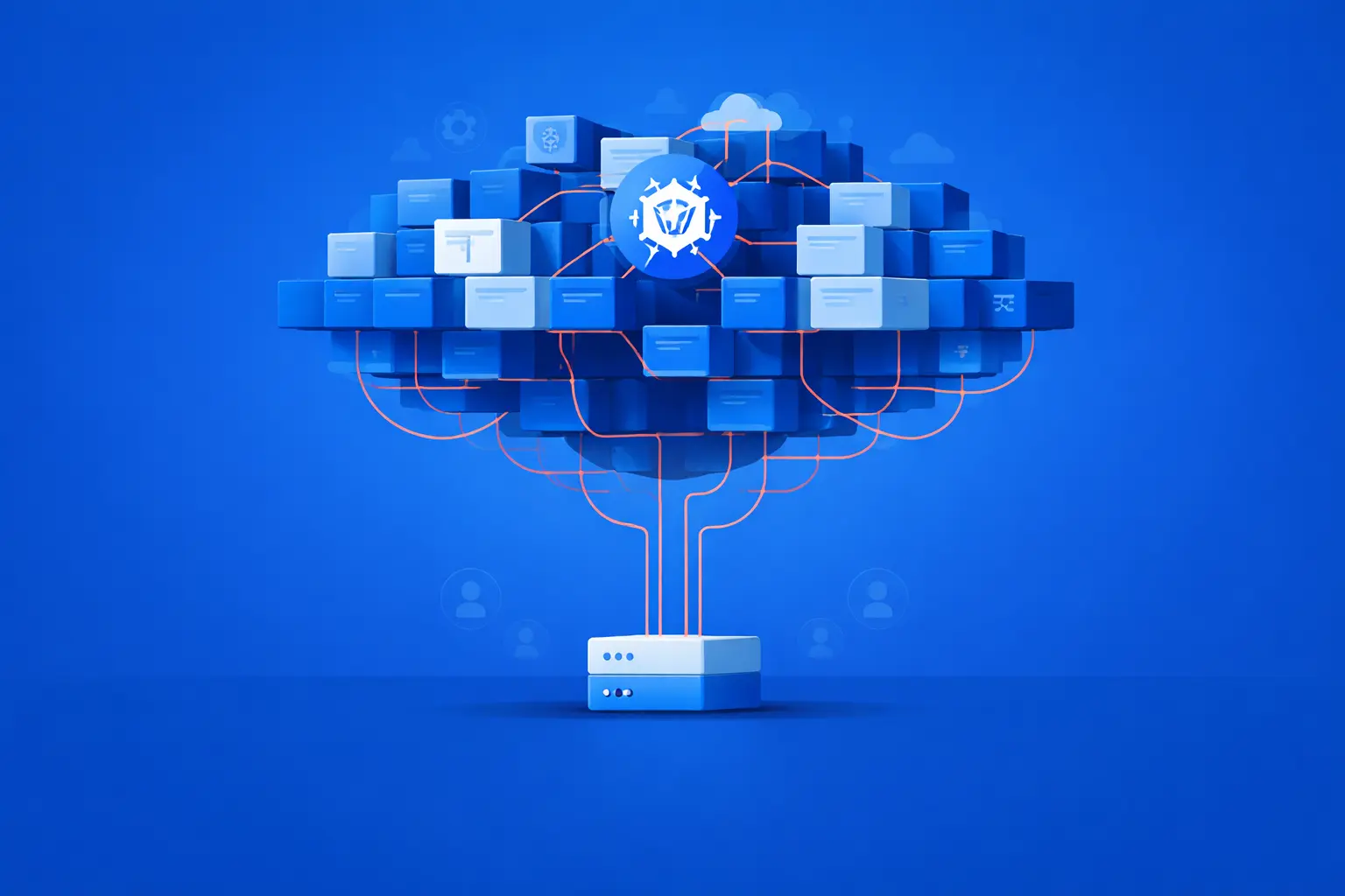 Blue illustration showing a large tree-like system of connected blocks growing from a single base platform. The branching structure suggests many components, checks, and dependencies feeding into one scalable QA architecture.