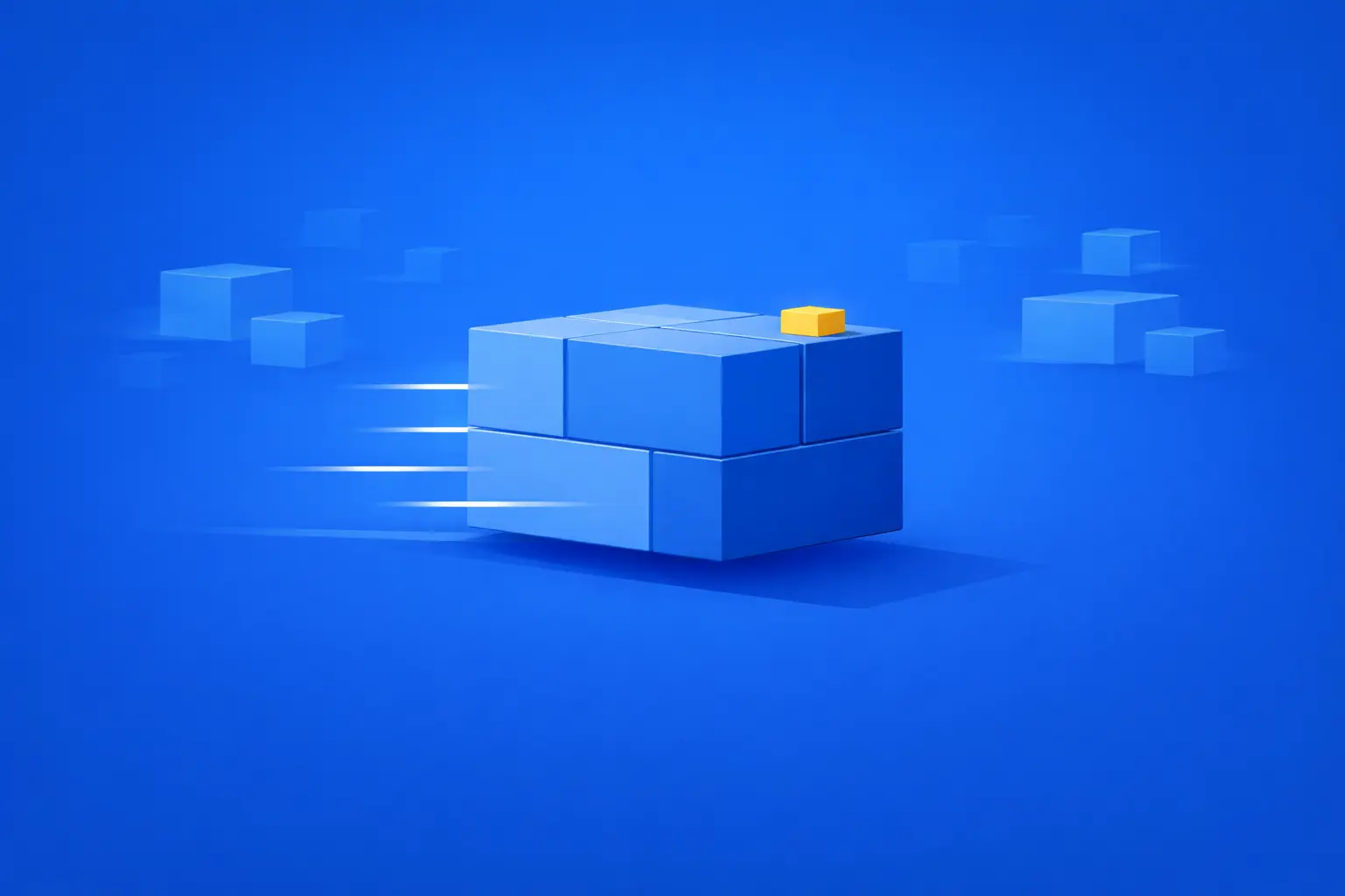 Blue illustration showing a compact modular block moving quickly across the frame. Motion streaks and a highlighted top element suggest speed, portability, and a lightweight building-block approach.
