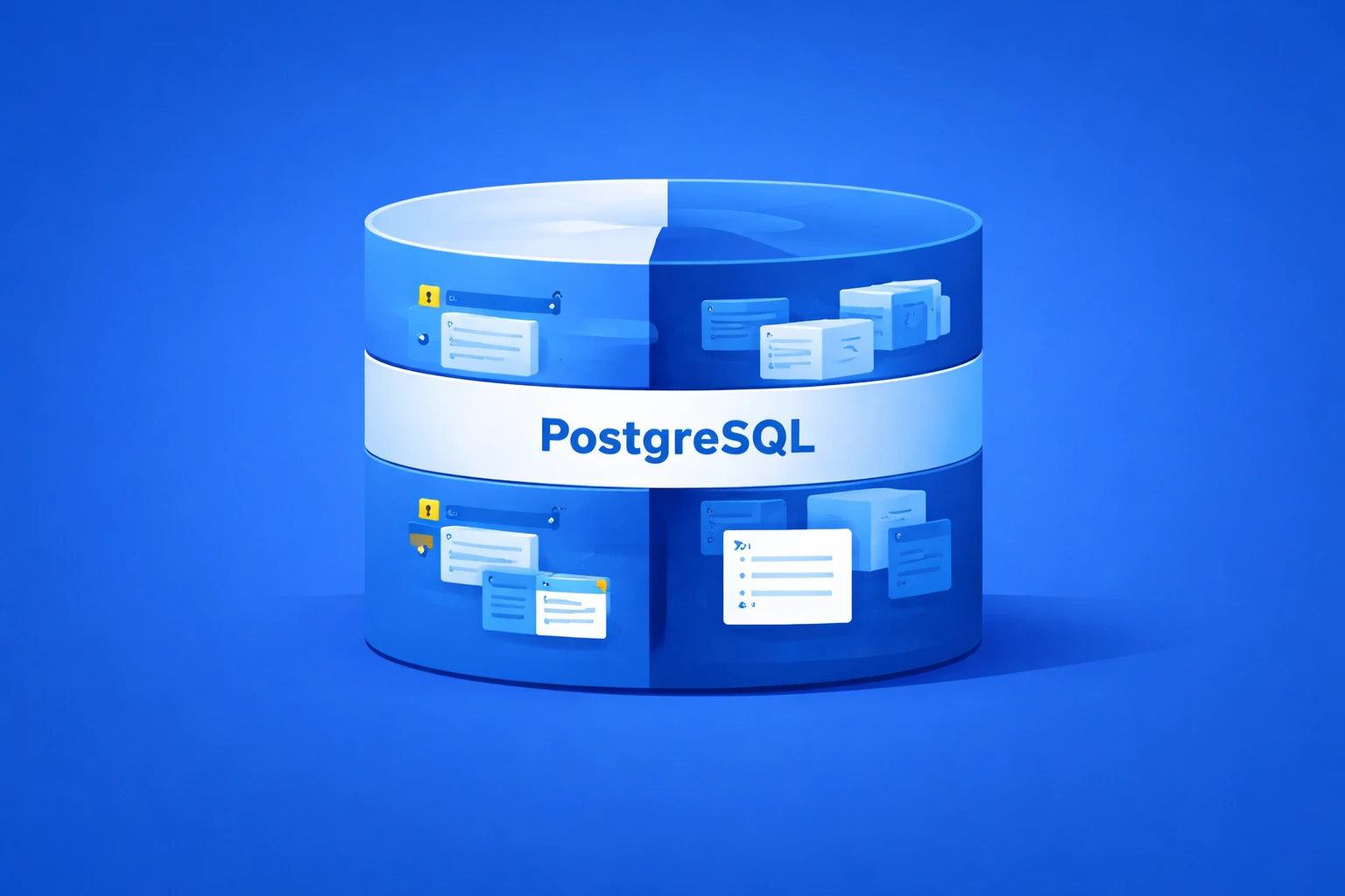 Blue illustration showing a PostgreSQL database as a central storage layer surrounded by UI state cards. The image suggests structured persistence of scenarios, records, or system state inside a reliable backend store.