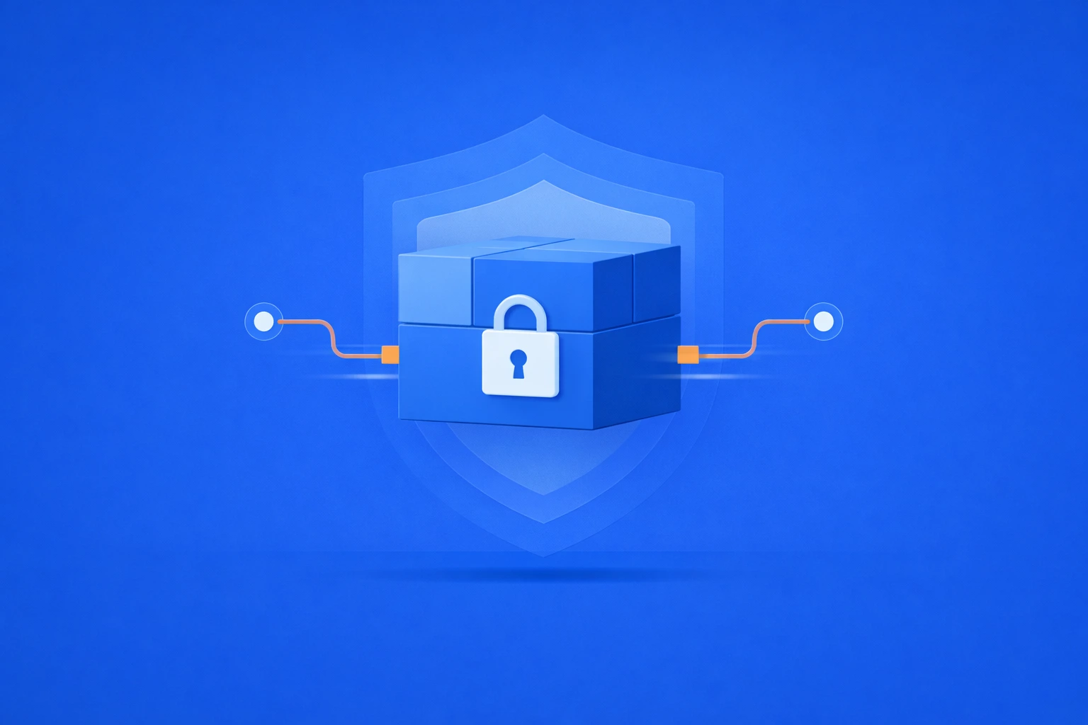 Blue illustration showing a locked central cube protected by a shield in the background. Connected lines on both sides suggest secure integration points, emphasizing protected core infrastructure or isolated system logic.