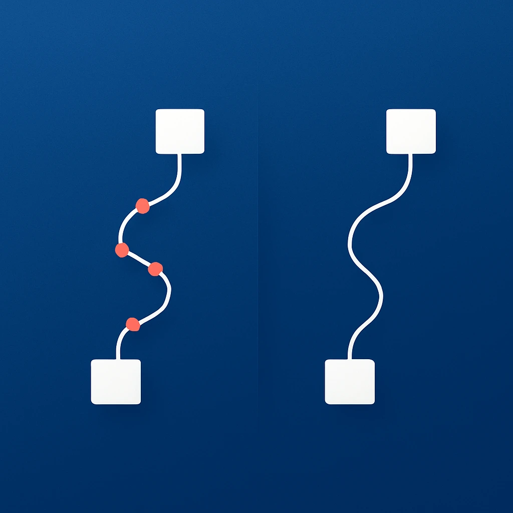 Blue comparison illustration showing two vertical motion paths between matching square anchors. The left path is interrupted by multiple red points, suggesting jitter or instability, while the right path remains smooth and continuous.