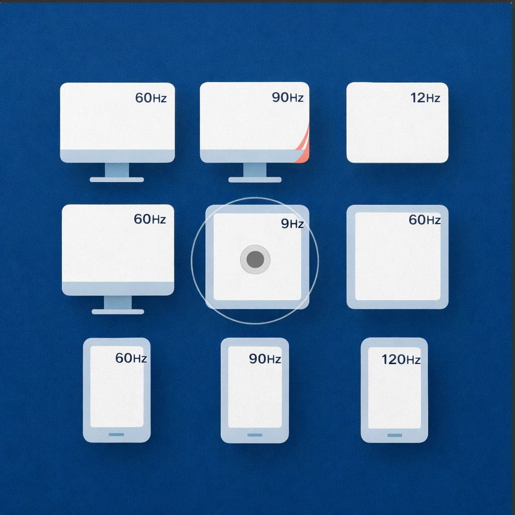 Blue grid illustration showing multiple device types with different refresh-rate labels, including desktop, tablet, and mobile screens. The matrix compares 60Hz, 90Hz, and 120Hz contexts across form factors, highlighting how motion QA should be checked on different devices and display frequencies.