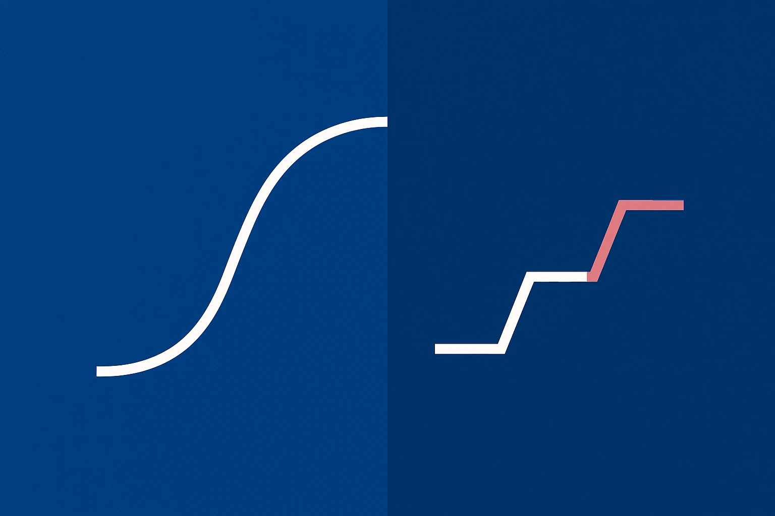 Split blue illustration comparing a smooth easing curve on the left with a stepped motion path on the right. The contrast highlights the difference between continuous animation and discrete frame-like movement in motion behavior.