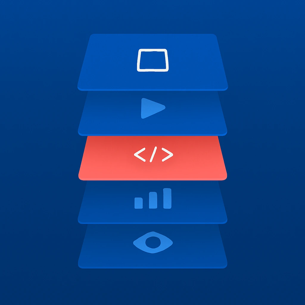 Blue stacked-layer illustration showing multiple UI planes arranged in depth. The red middle layer is highlighted with code brackets, emphasizing the active interaction or implementation layer within the visual stack.