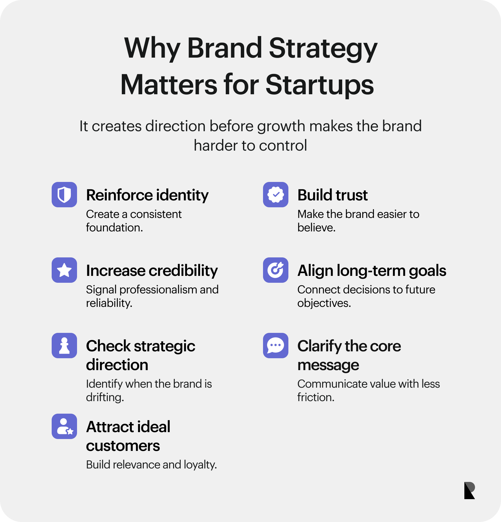 Seven benefits of brand strategy for startups, including trust, credibility, direction, and customer relevance.