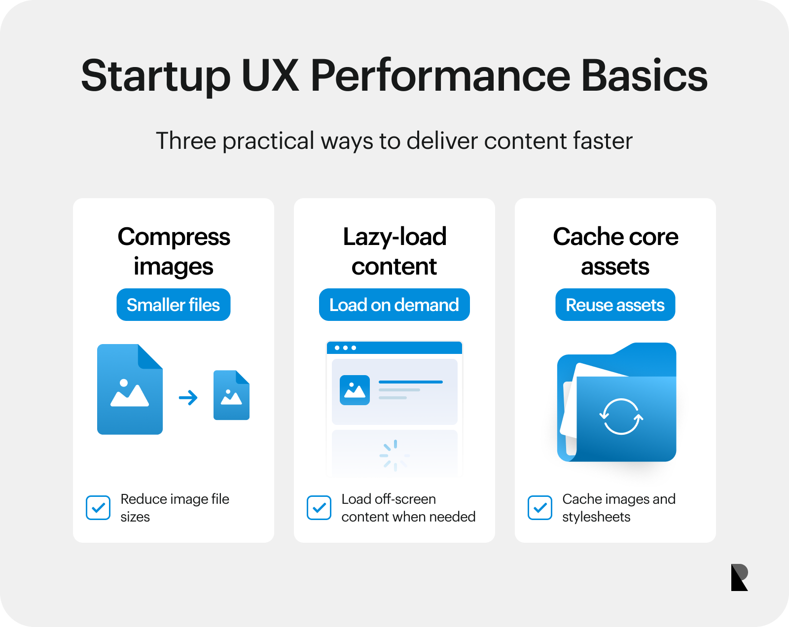 Checklist covering image compression, lazy loading, and browser caching.