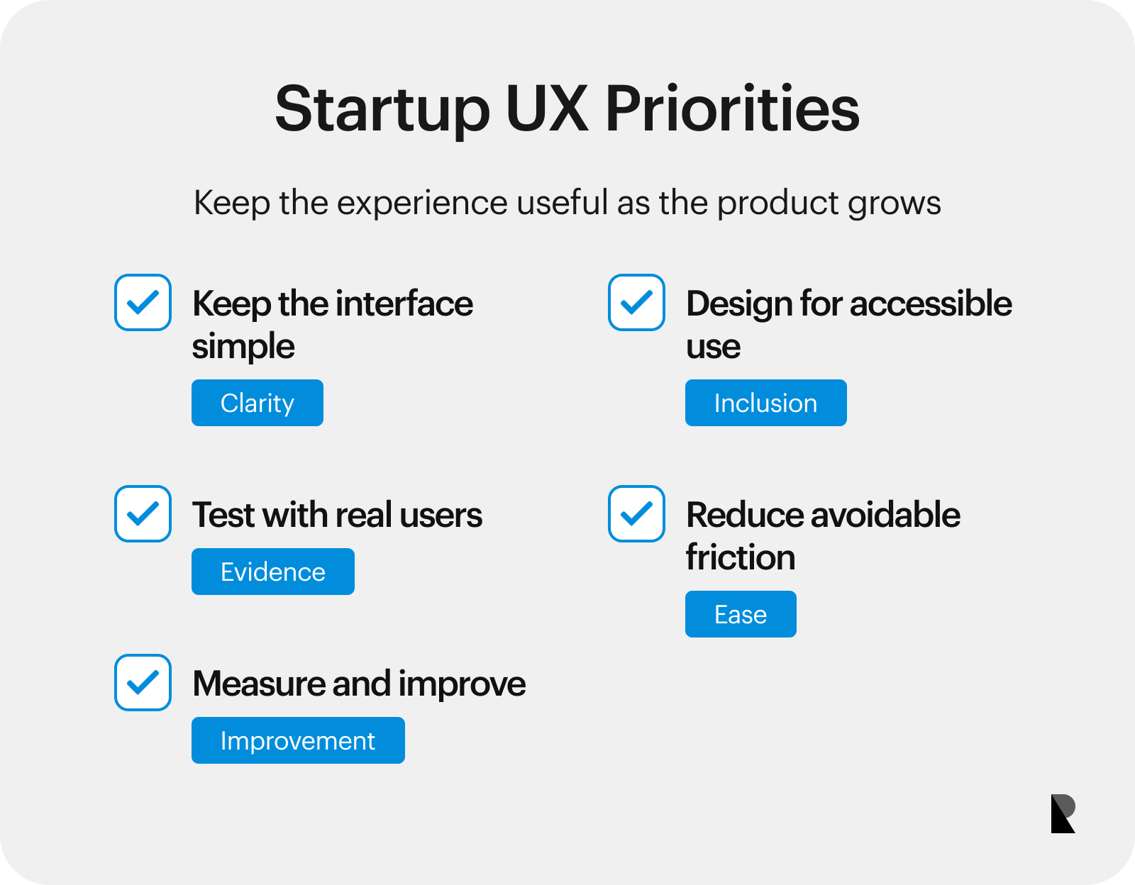 Five-item startup UX checklist covering simplicity, access, testing, friction, and measurement.